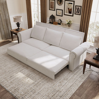 3 In 1 Convertible Sleeper Sofa With Nailhead Trim & Rolled Arm