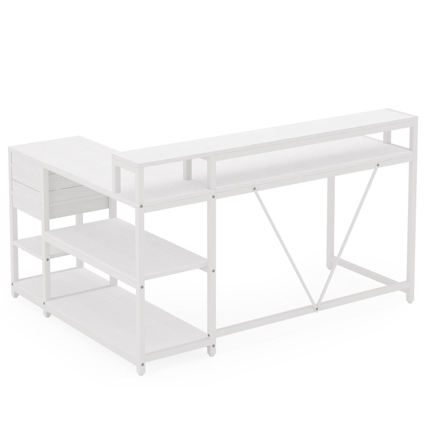 L-Shaped Home Office Desk With Monitor Riser, Drawers, And Storage Shelves