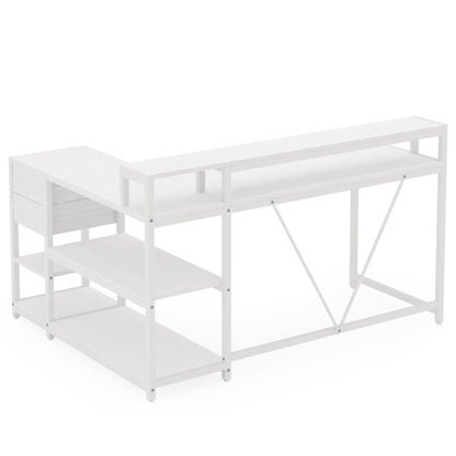 L-Shaped Home Office Desk With Monitor Riser, Drawers, And Storage Shelves