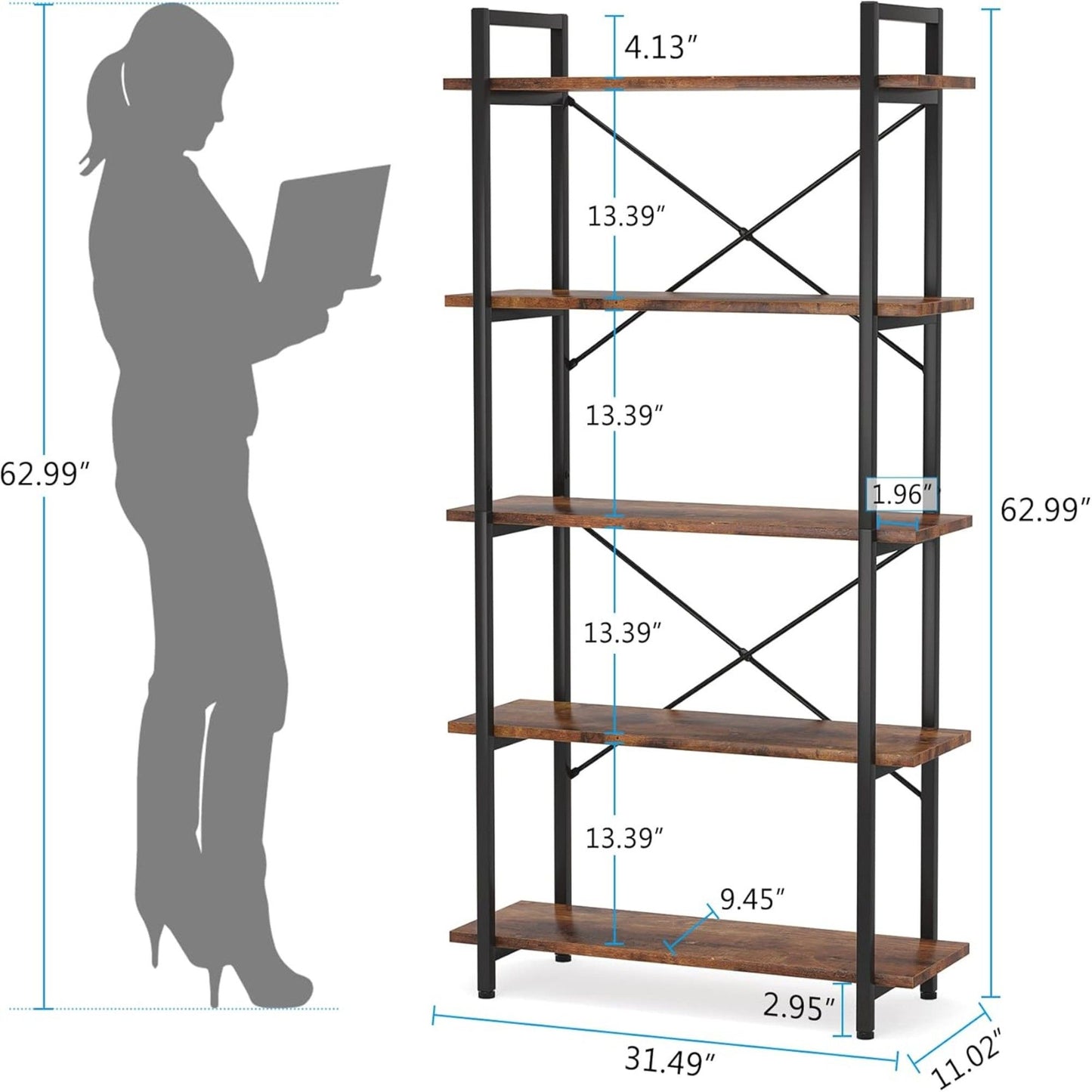 5 Tier Bookshelf Unit With Accents For Living Room - Black / Brown