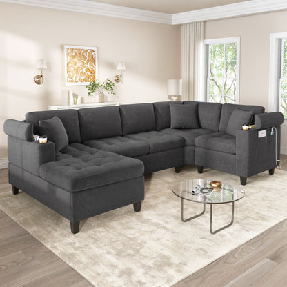 U Shaped Sectional Sofa, Corner Living Room Couch With Built In Cup Holders, Storage, USB Ports