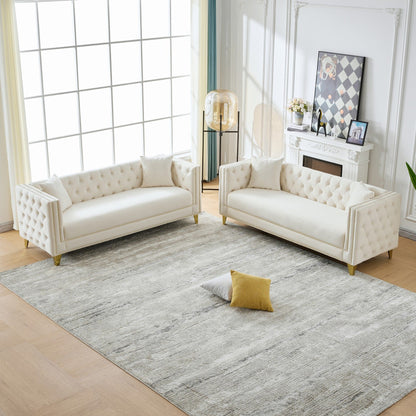 3 And 3 Seater Deep Seat Sofa With Button Nailhead And Square Arm Design - Beige
