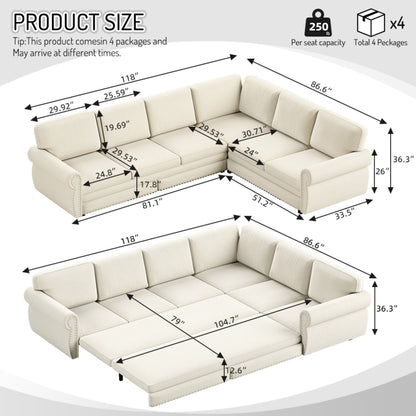 L-Shaped Sofa Couch With Pull Out Bed With Nailhead Trim & Rolled Arm, Sectional Couches, For Living Room - Beige