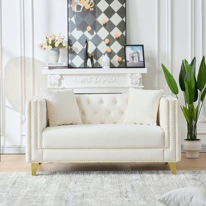 2 Seater Deep Seat Sofa, Sofa With Button Nailhead, Square Arm Couches, Furniture For Living Room - Beige