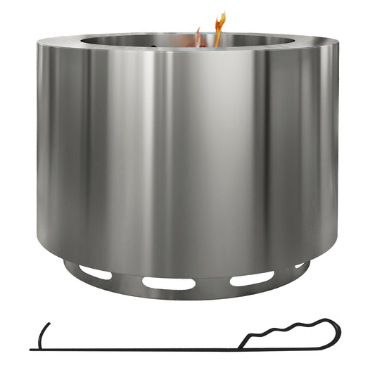 Outsunny Smokeless Fire Pit, 19' Portable Wood Burning Firepit with Poker, Low Smoke Camping Bonfire Stove for Backyard Patio Picnic, Stainless Steel, Silver
