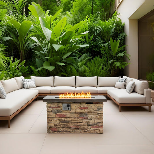 42' Propane Gas Fire Pit Table, 50000 BTU  Rectangular Concrete Fire Pit for Outside Patio Deck Garden Backyard - beigie multi