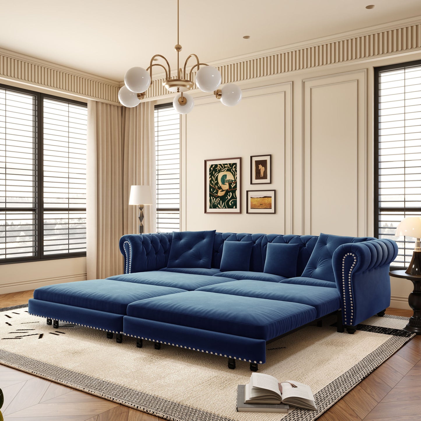 3 In 1 Pull Out Sofa Bed, Convertible Sleeper Sofa Bed, 3 Seater Sofa With Movable Ottoman - Blue