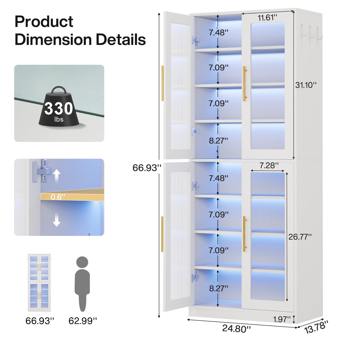 Bookcase With Doors And LED Lighting, 8 Adjustable Shelves Storage Cabinet