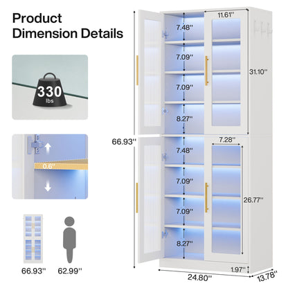 Bookcase With Doors And LED Lighting, 8 Adjustable Shelves Storage Cabinet