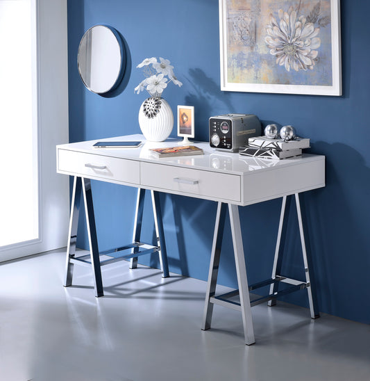 Coleen White High Gloss & Chrome Finish Writing Desk W/USB