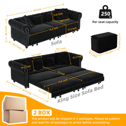 3 In 1 Pull Out Sofa Bed, Convertible Sleeper Sofa Bed, 3 Seater Sofa With Movable Ottoman - Black