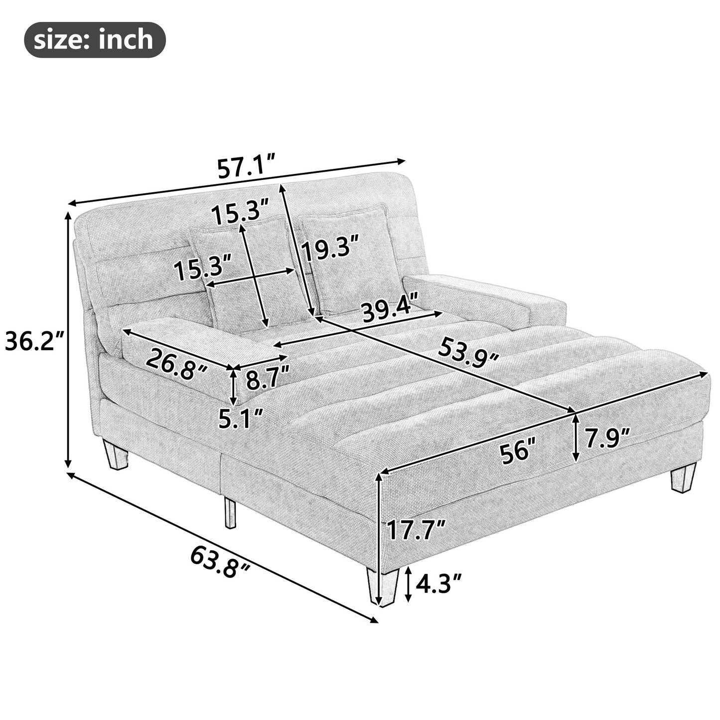 Chaise Bed Lounge Sofa Chair With Adjustable Backrest And LED Light Strip - Gray