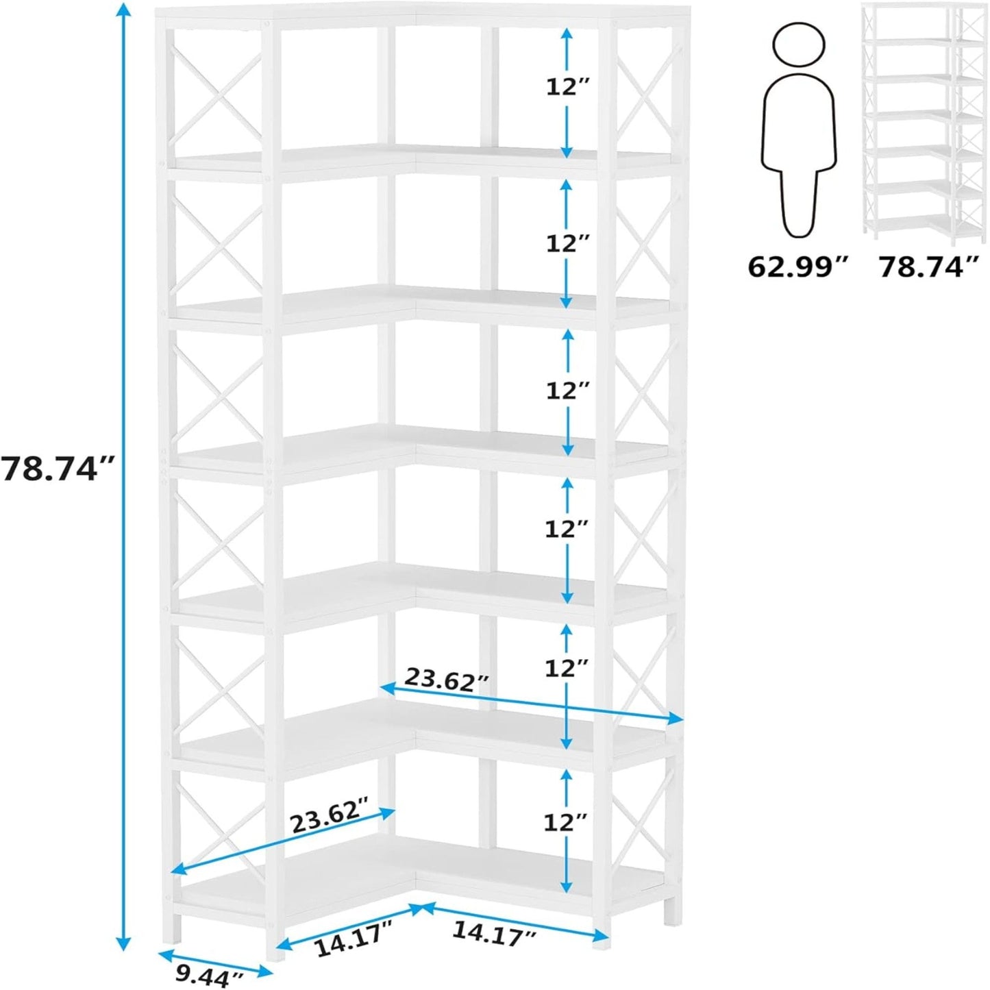 7 Tier Corner Bookshelf, Storage Unit For Living Room
