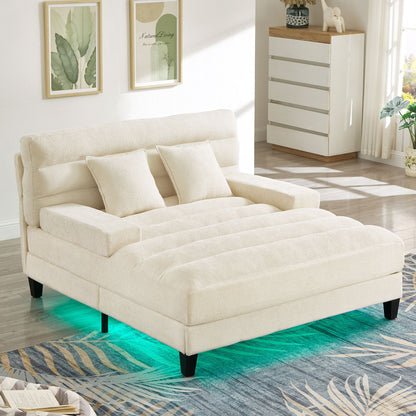 Chaise Bed Lounge Sofa Chair With Adjustable Backrest And LED Light Strip - Beige
