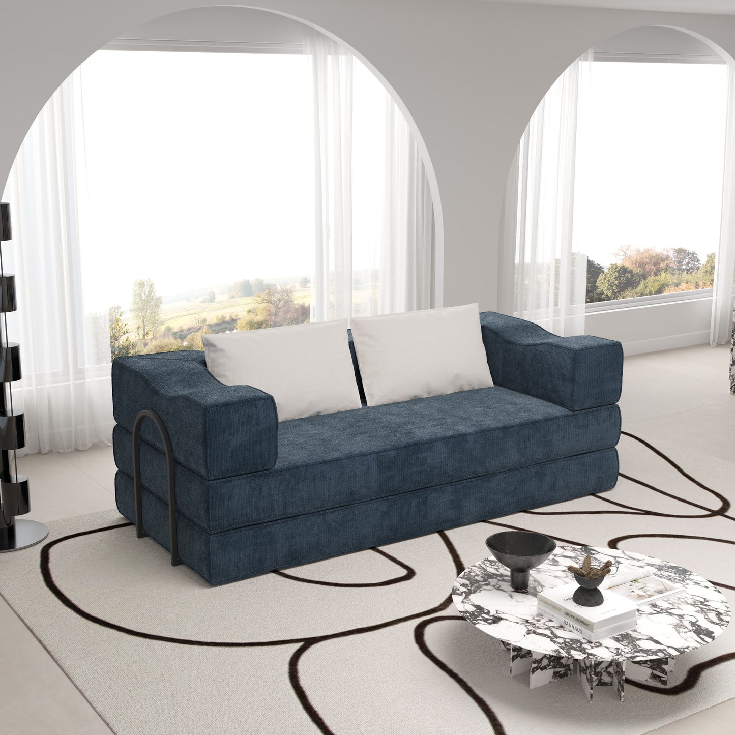 Convertible Couch Bed With 2 Pillows, 3 Seat Folding Floor Couch & King Size Bed Mattress, Diy Combination - Blue