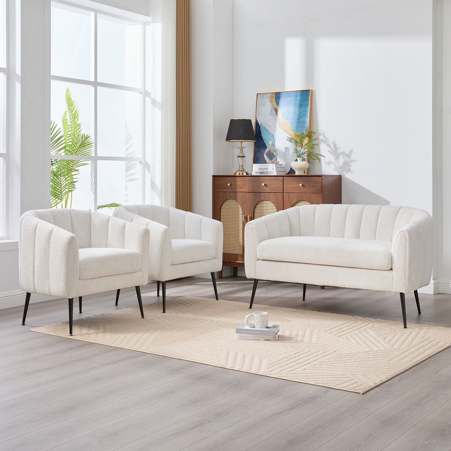 3 Piece Small Living Room Furniture Set, Sofa Loveseat & 2 Armchairs - Ivory