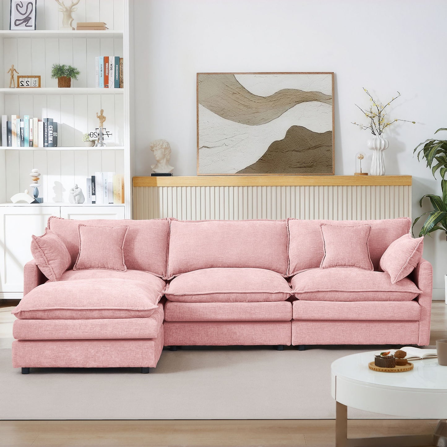 Modular L-Shaped Sectional Sofa Set With Movable Ottoman - Pink