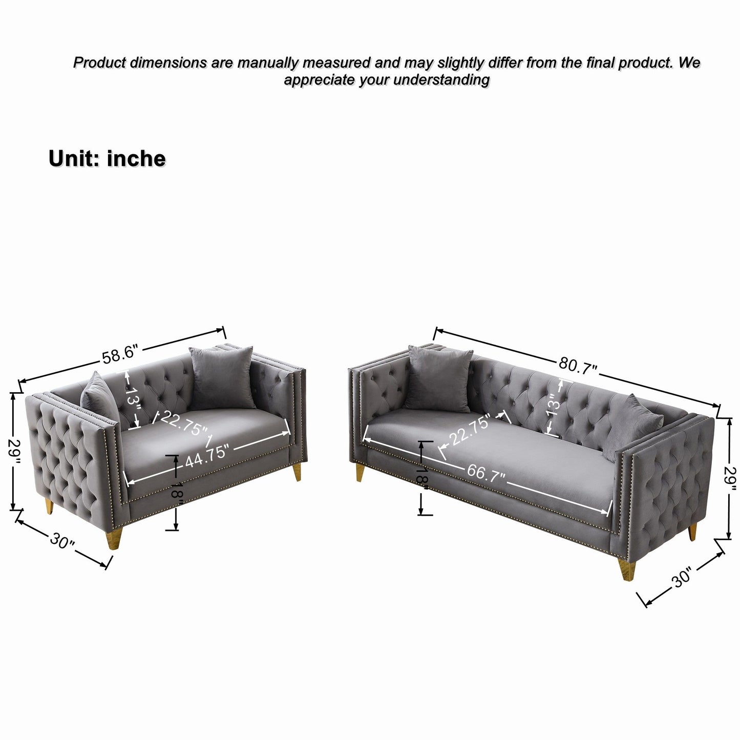 3 And 2 Seater Deep Seat Sofa With Button Nailhead, Square Arm Couches, Furniture For Living Room - Gray