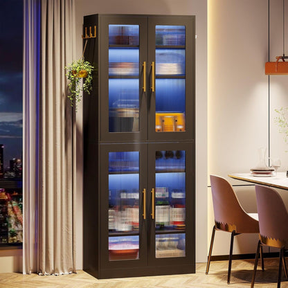 Bookcase With Doors And LED Lighting, 8 Adjustable Shelves Storage Cabinet