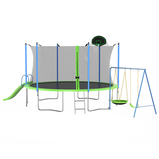 12FT Trampoline with Slide and Swings(Double color cover),  Trampoline with Basketball Hoop and Ladder,Outdoor Backyard Trampoline with Net, Capacity for Kids and Adults