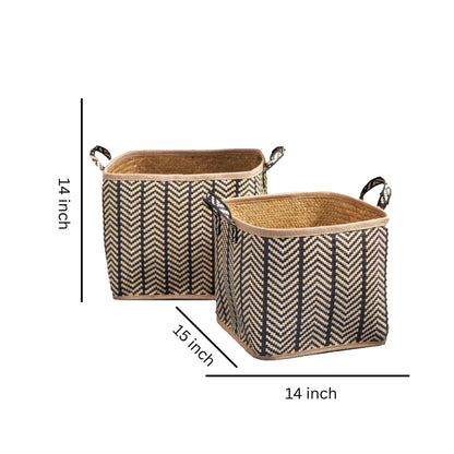 Square Palm Leaf Woven Wicker Storage Basket With Handles (Set of 2) - Back / Brown