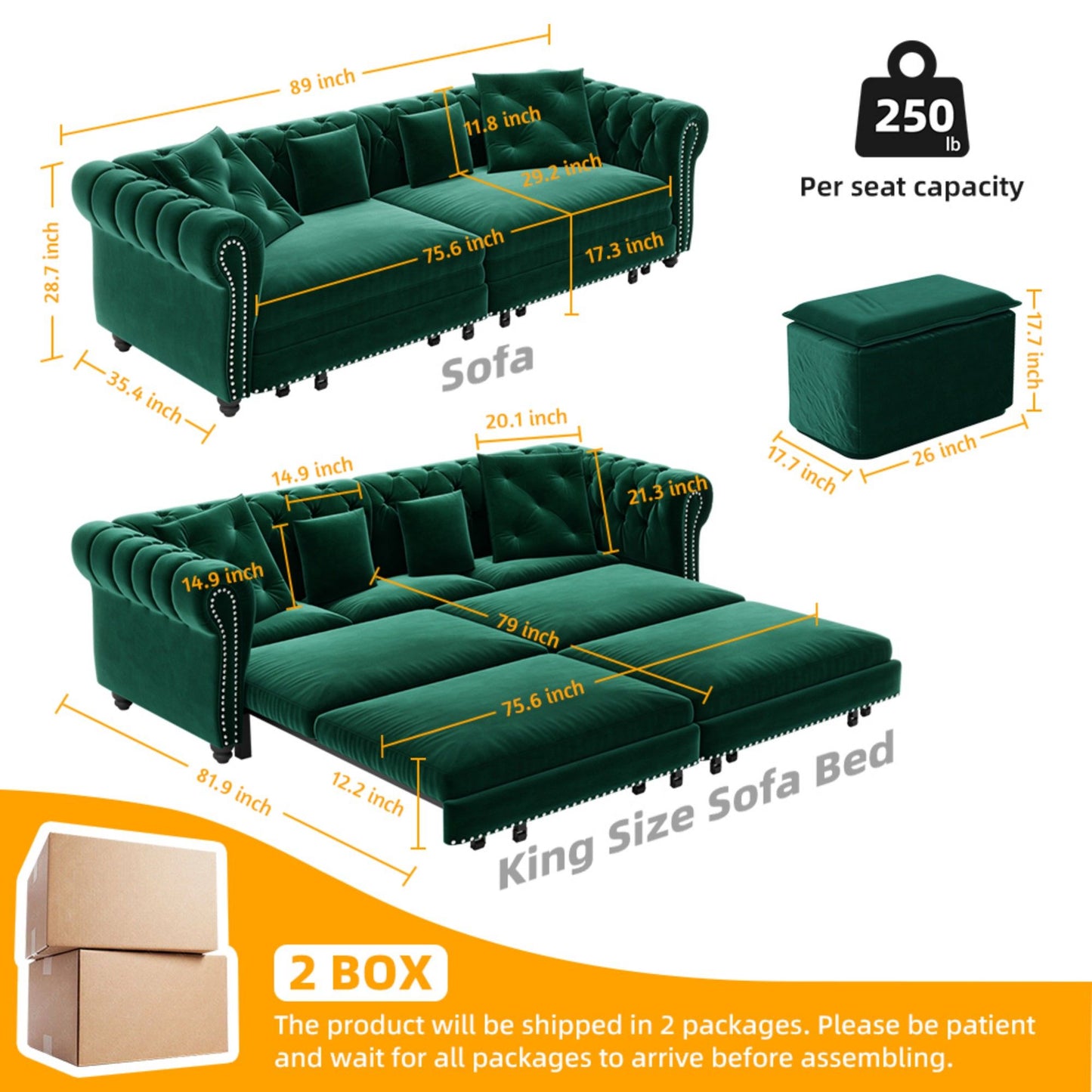 3 In 1 Pull Out Sofa Bed, Convertible Sleeper Sofa Bed, 3 Seater Sofa With Movable Ottoman - Green