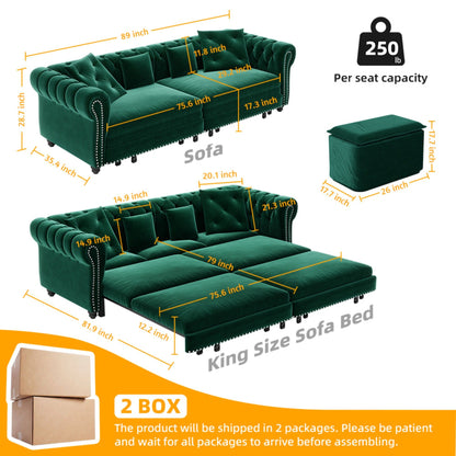 3 In 1 Pull Out Sofa Bed, Convertible Sleeper Sofa Bed, 3 Seater Sofa With Movable Ottoman - Green