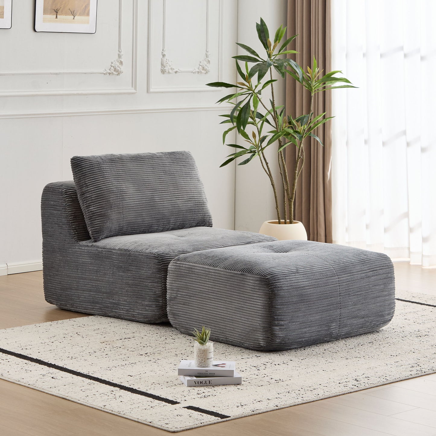 Compressed Sofa, Single Chaise Longue, Movable Ottoman For Living Room - Gray