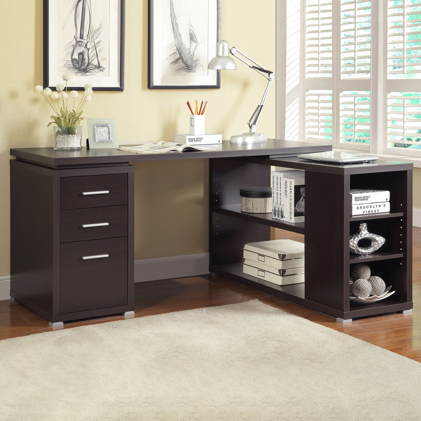 Transitional L Shape Computer Desk With Multiple Storage And Built In File Cabinet