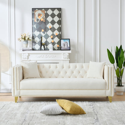 3 Seater Deep Seat Sofa, Sofa With Button Nailhead, Square Arm Couches, Furniture For Living Room - Beige