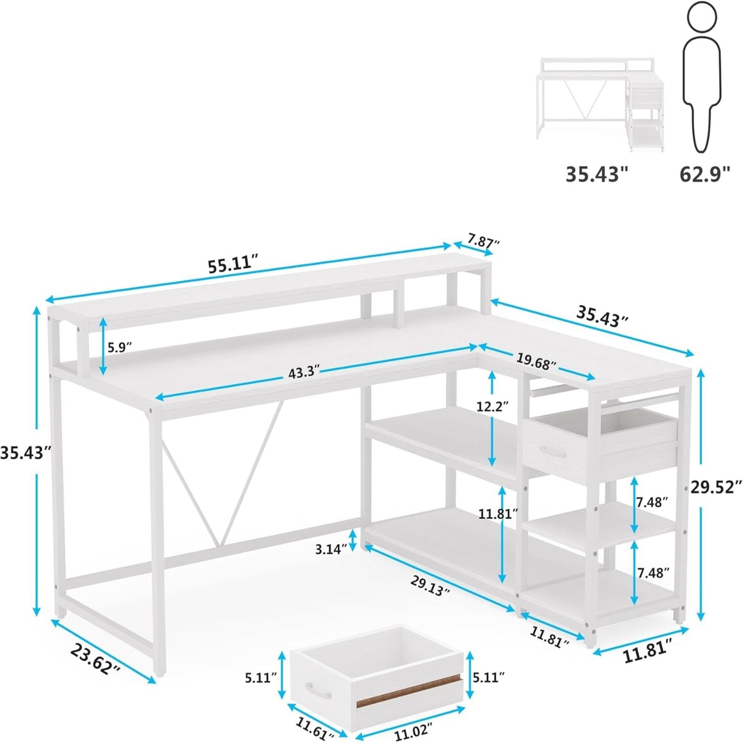 L-Shaped Home Office Desk With Monitor Riser, Drawers, And Storage Shelves