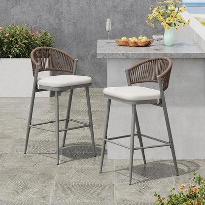 Outdoor Bar Height Metal Frame Counter Stools With Scallop Shaped Backrest & Water Resistant Cushions