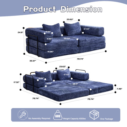 Convertible Floor Sofa Bed With Fixed Shape Frame, Loveseats Boneless Modular Sectional, For Living Room - Dark Blue