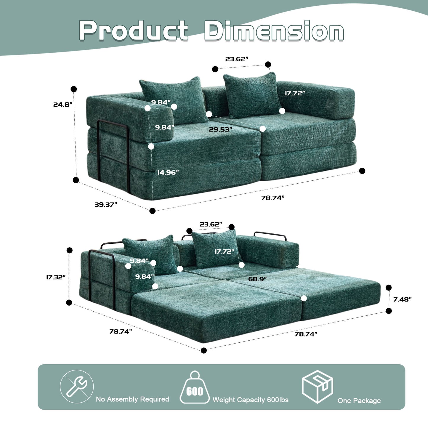 Convertible Floor Sofa Bed With Fixed Shape Frame, Loveseats Boneless Modular Sectional, For Living Room - Dark Green