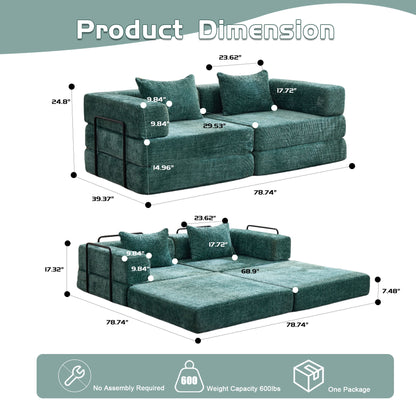 Convertible Floor Sofa Bed With Fixed Shape Frame, Loveseats Boneless Modular Sectional, For Living Room - Dark Green