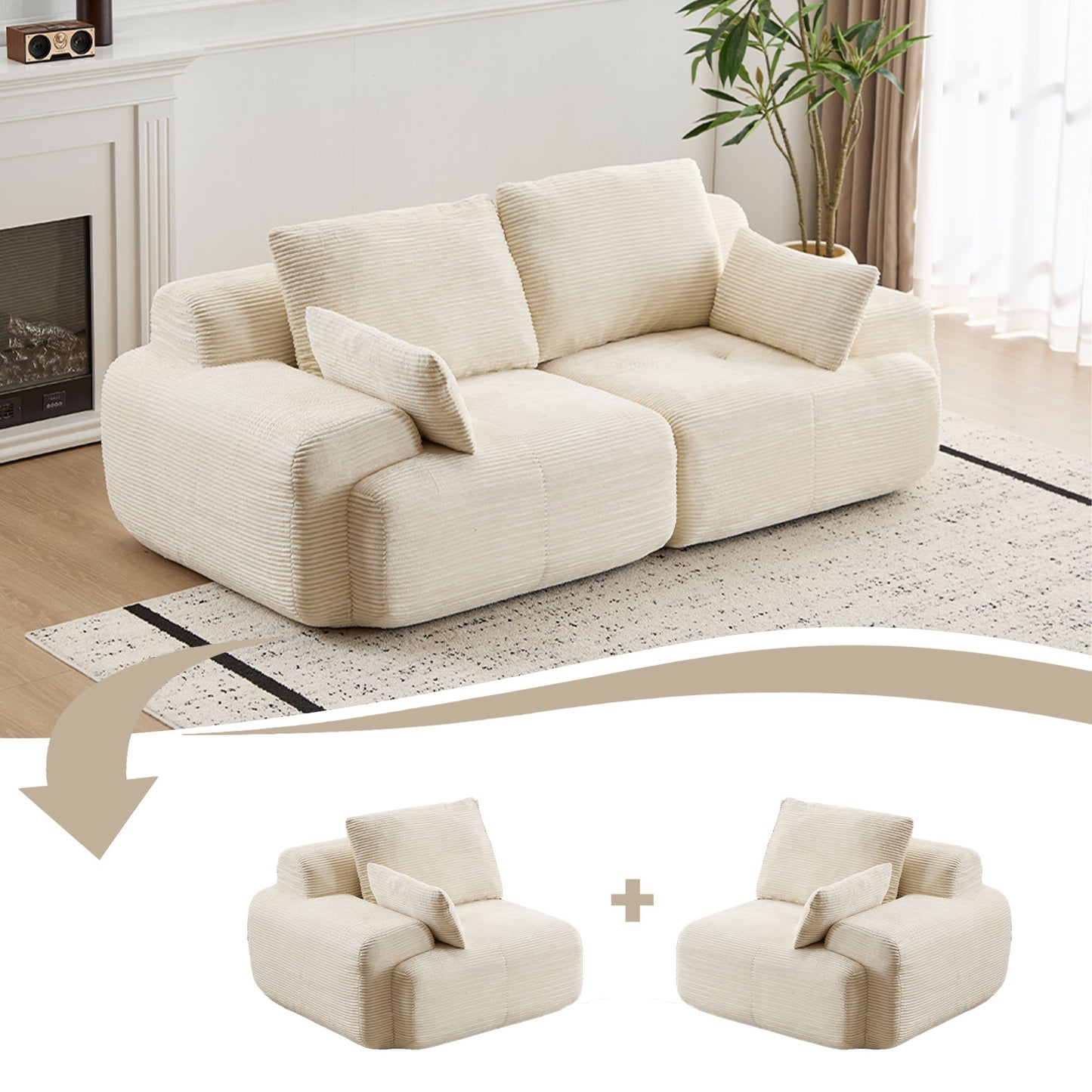 Compressed Sofa, 2 Seater Large Sectional Couches For Living Room - Beige