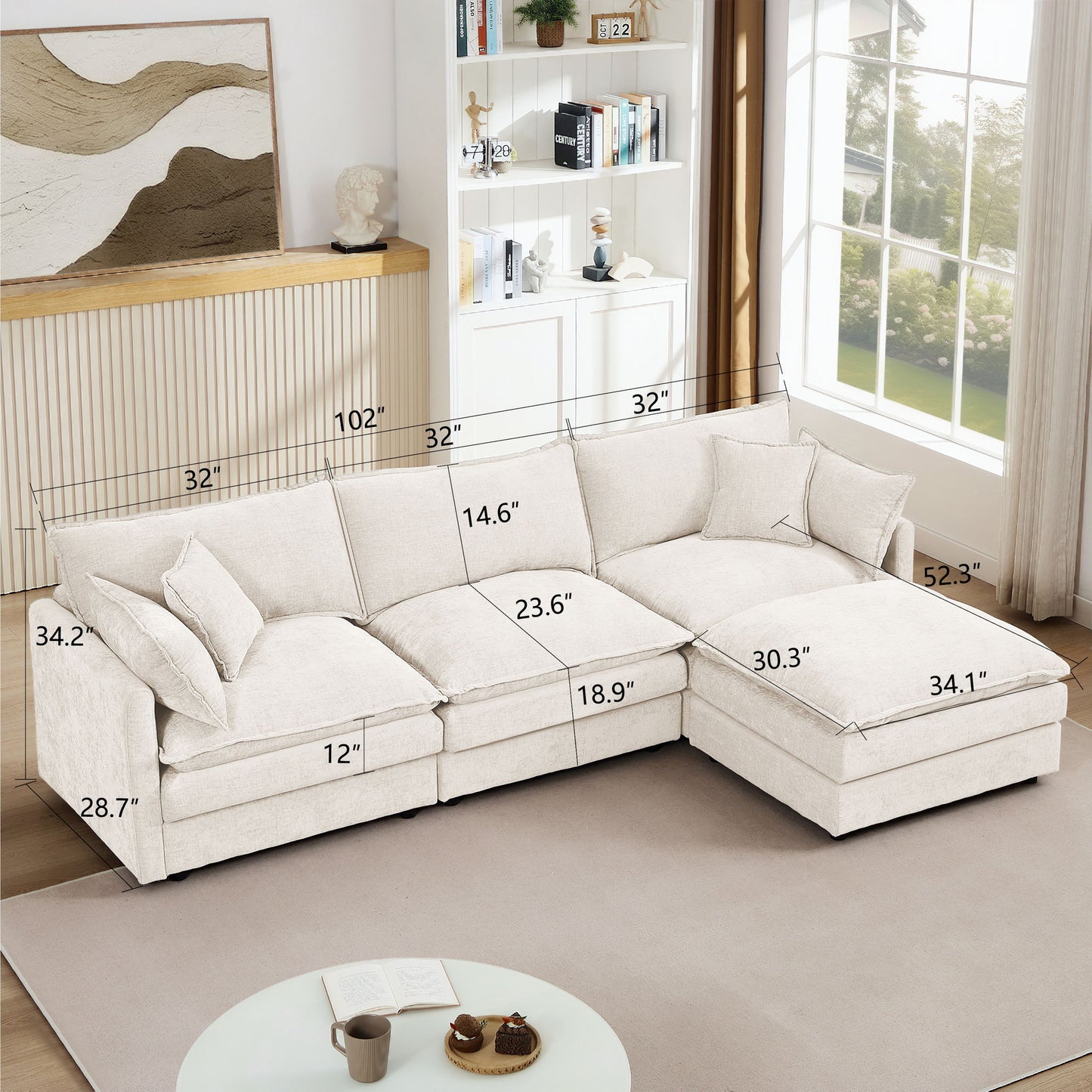 Modular Sectional Sofa Set With Movable Ottoman - Beige