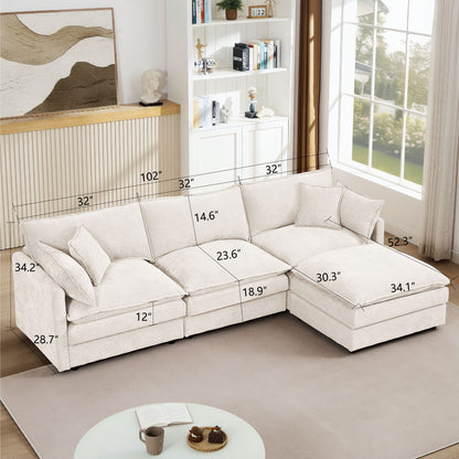 Modular Sectional Sofa Set With Movable Ottoman - Beige