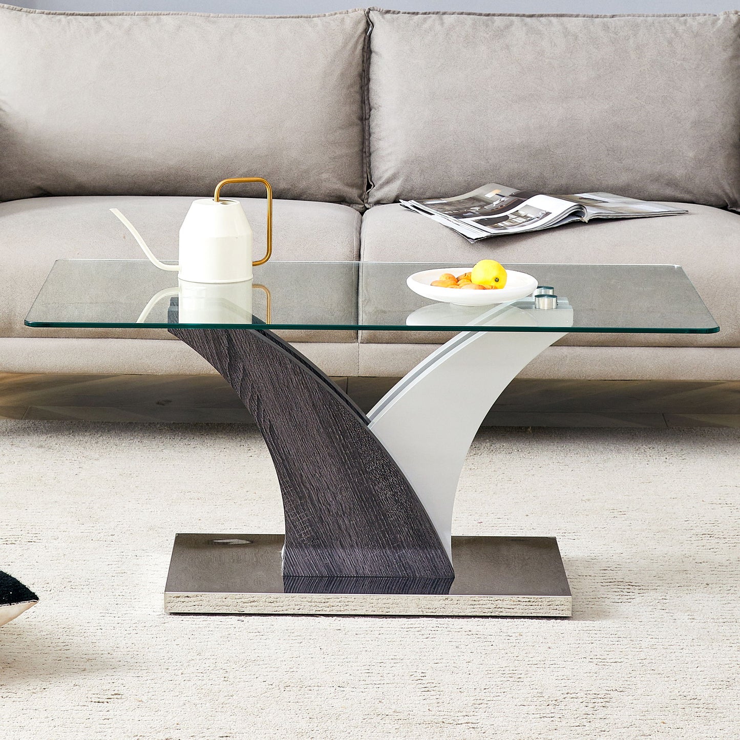 Artistic Rectangular Coffee Table With Tempered Glass Countertop