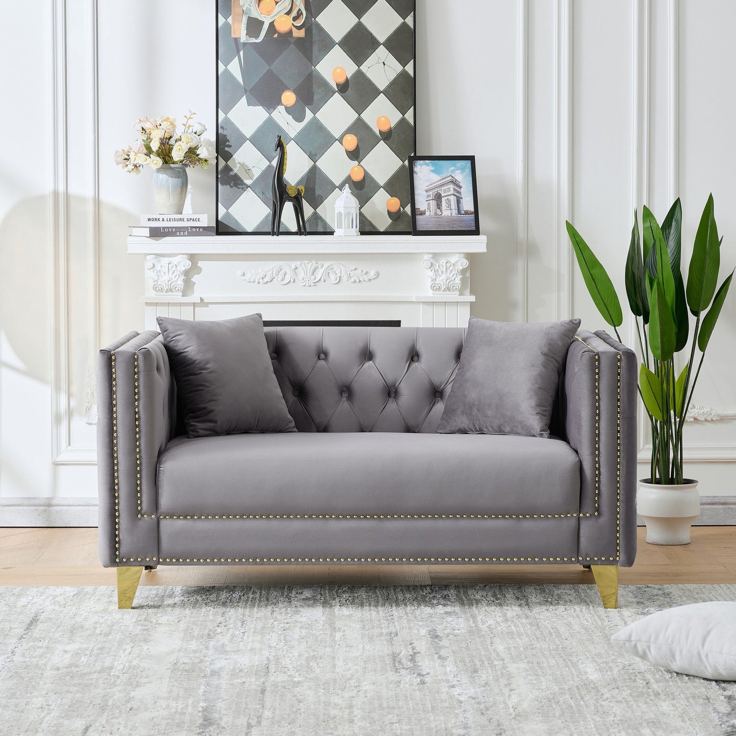 2 Seater Deep Seat Sofa, Sofa With Button Nailhead, Square Arm Couches, Furniture For Living Room - Gray