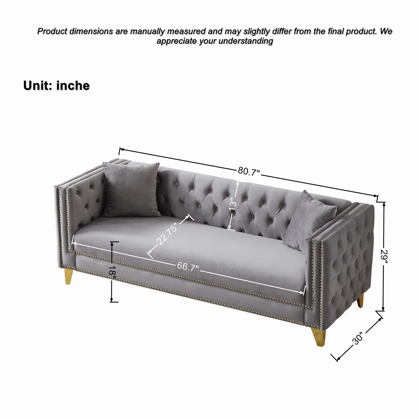 3 And 3 Seater Deep Seat Sofa With Button Nailhead And Square Arm Design - Gray