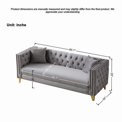 3 And 3 Seater Deep Seat Sofa With Button Nailhead And Square Arm Design - Gray