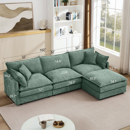L Shaped Modular Sectional Sofa With Movable Ottoman, 3 Seater Comfortable Seating