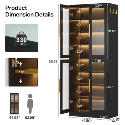 Bookcase With Doors And LED Lighting, 8 Adjustable Shelves Storage Cabinet