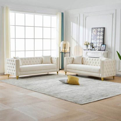 3 And 3 Seater Deep Seat Sofa With Button Nailhead And Square Arm Design - Beige