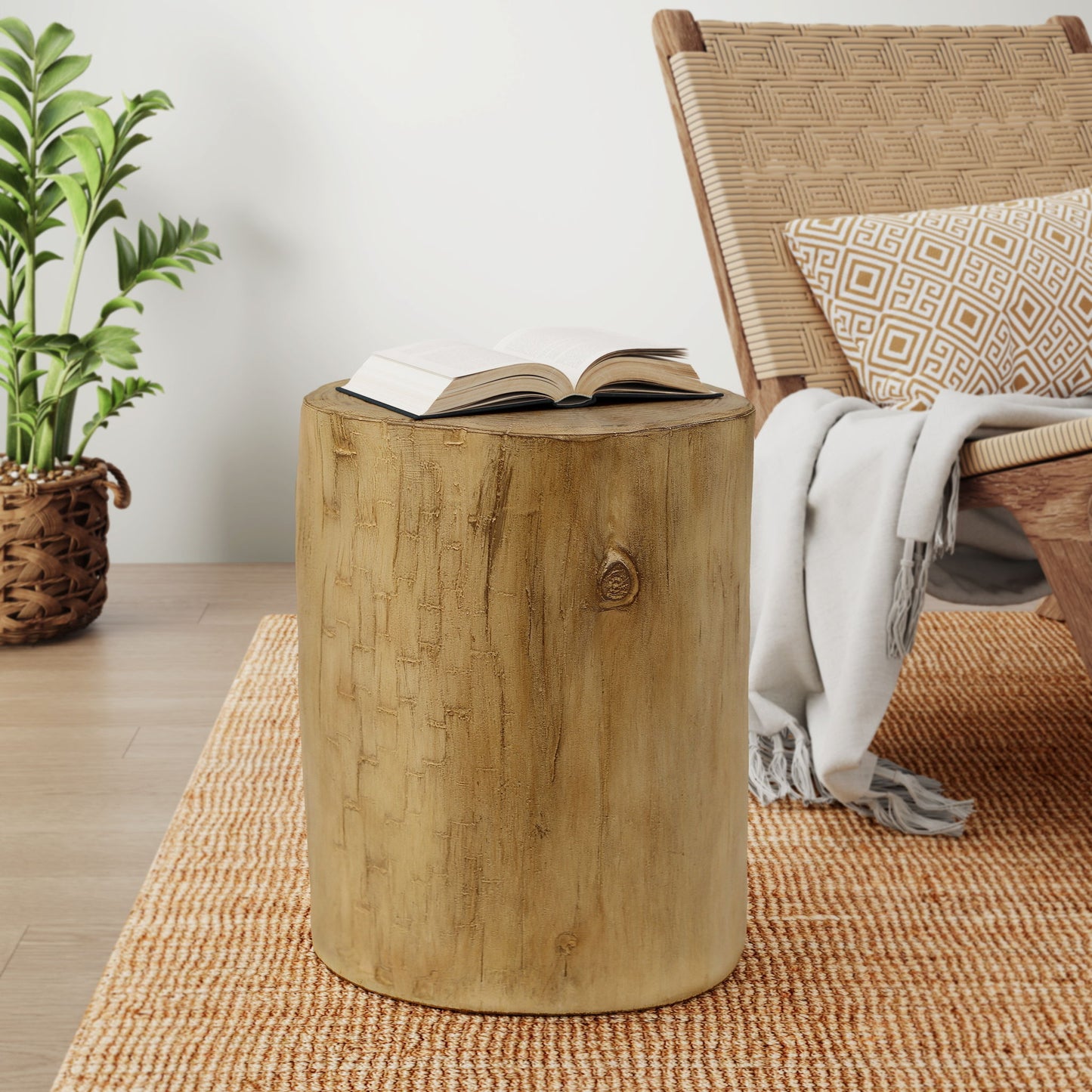 Hand Painted Wood Stump Style Outdoor Side Table - Light Brown