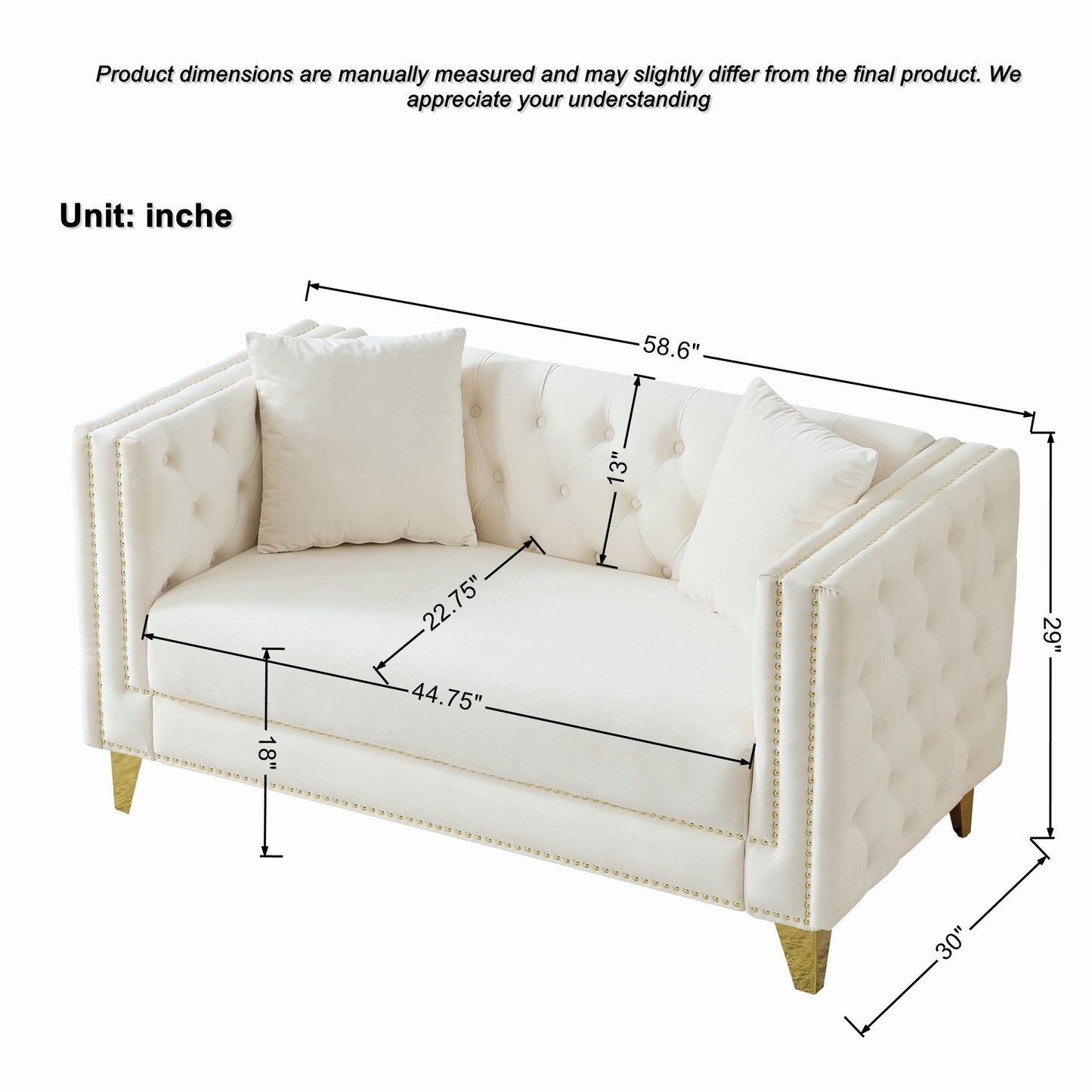 2 Seater Deep Seat Sofa, Sofa With Button Nailhead, Square Arm Couches, Furniture For Living Room - Beige