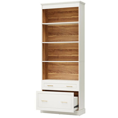5 Tier White Bookcase With 2 Drawers Storage Organizer For Living Room - White