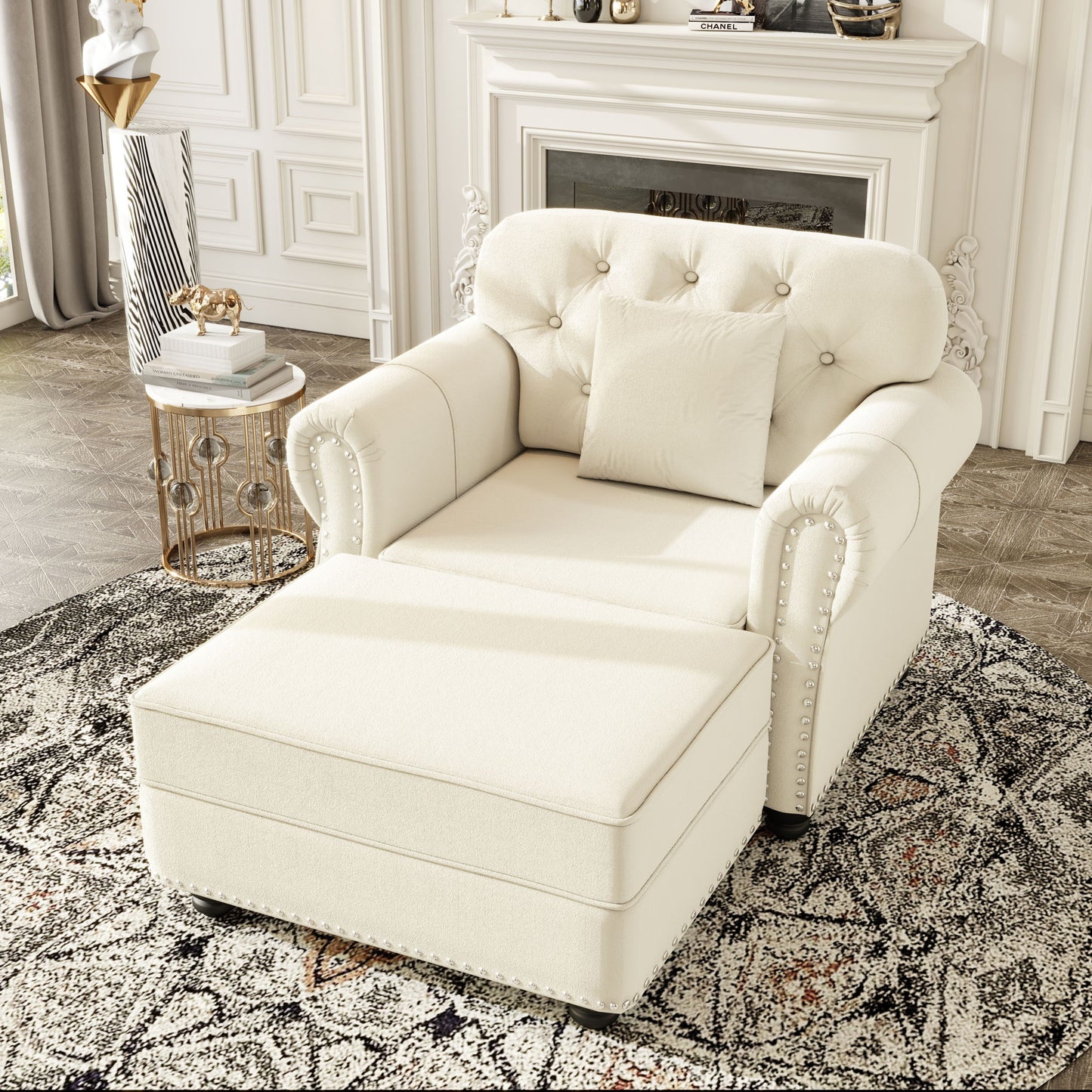 Upholstered Sofa With Nailhead Trim And Rolled Armrests, 1 Pillows - Beige / White