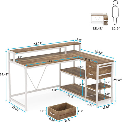 L-Shaped Home Office Desk With Monitor Riser, Drawers, And Storage Shelves